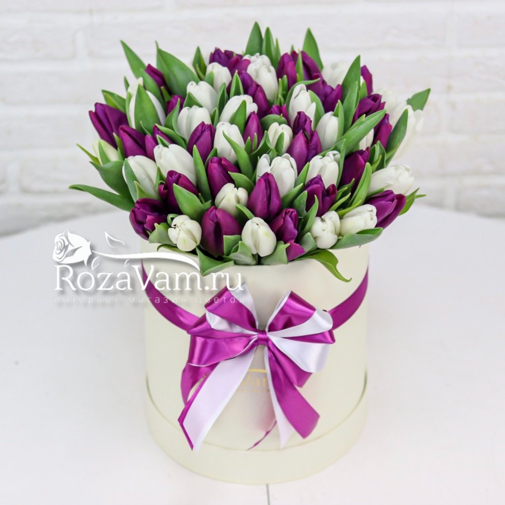 Коробка из 75 бело-фиолетовых тюльпанов