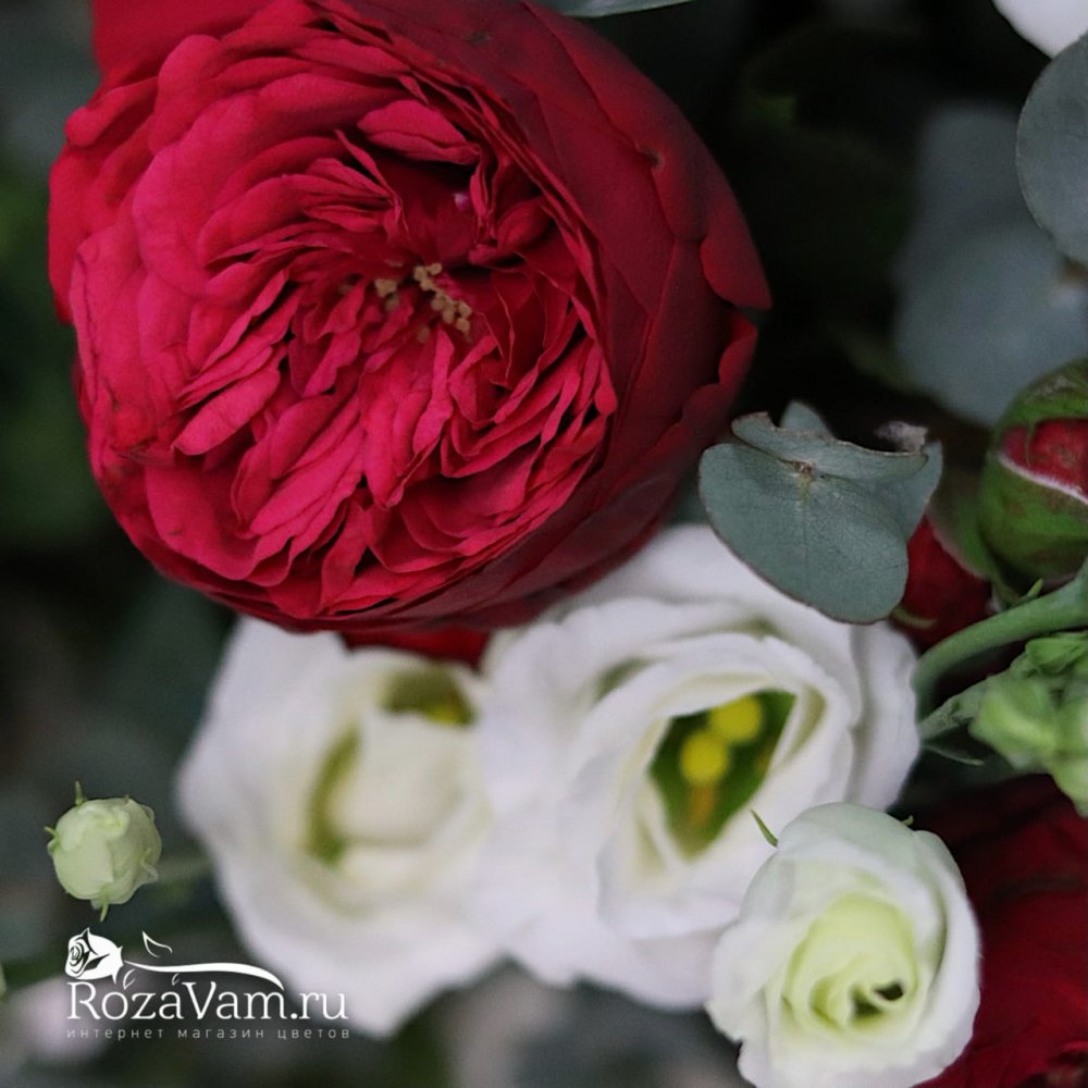 Пионовидные розы в корзине с эустомой