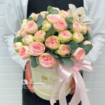 розовые пионовидные розы в коробке XXL