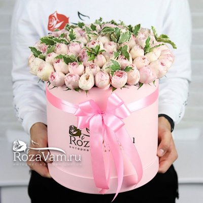 розовые пионовидные розы в коробке XXL