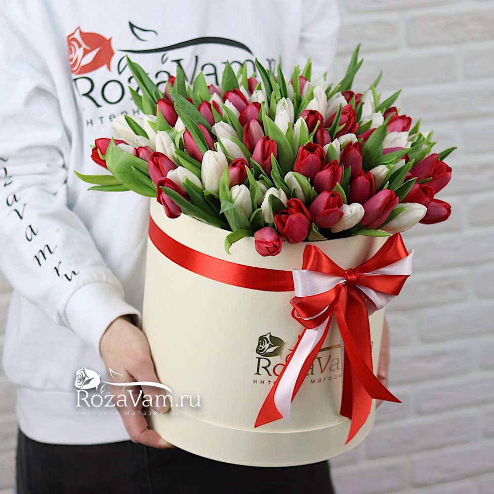 коробка из 101 бело-красного тюльпана