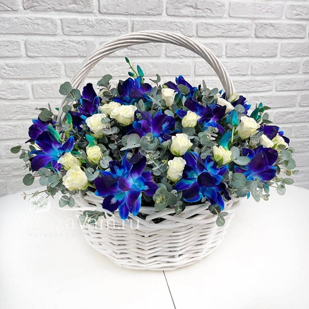 Корзина из синих орхидей с кустовыми розами