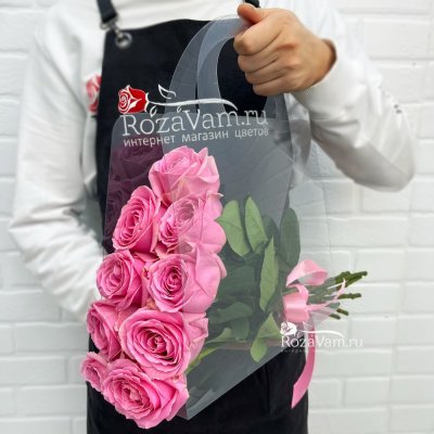 Розы розовые 9 шт 50см в сумке