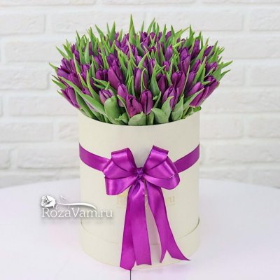 коробка из 75 фиолетовых  тюльпанов